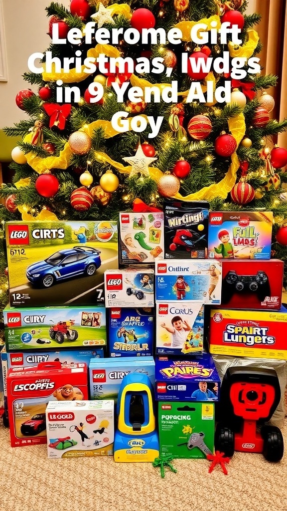 A collection of Christmas gifts for a 9-year-old boy, featuring toys and games under a Christmas tree.